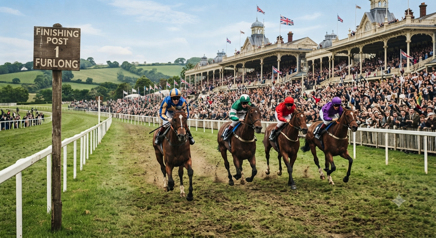 Horses racing at a British racecourse, where distances are still posted in furlongs