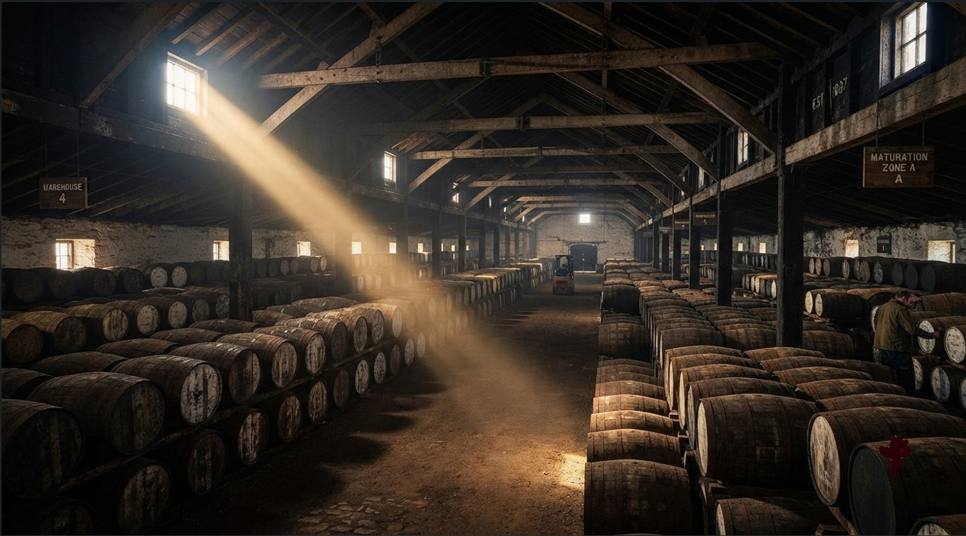 Oak whisky barrels resting in a traditional maturation cellar.