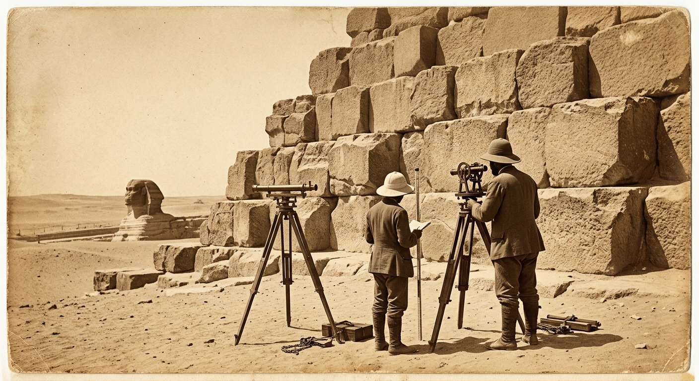 Two surveyors with theodolites working at the base of a pyramid, the Sphinx in the distance