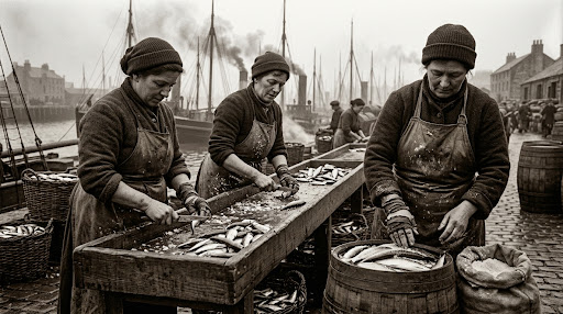 Three women in aprons gutting herring at a long wooden trough on a quayside