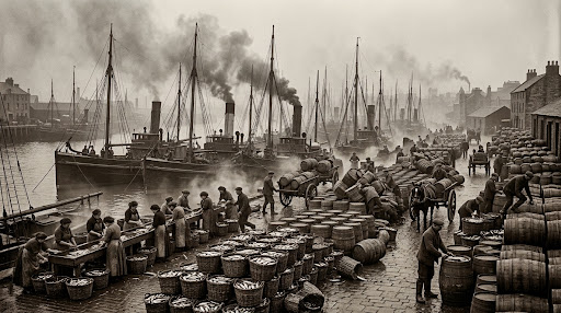 Steam drifters moored along a crowded herring quay, with baskets of fish and stacked barrels