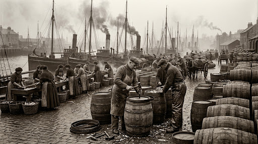 Coopers heading up barrels of cured herring on a quayside, with gutting crews working behind them