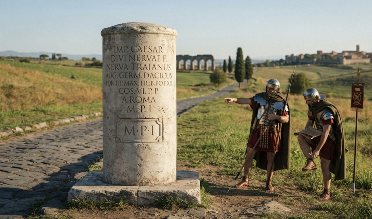 A Roman road marked with milestones across the British landscape