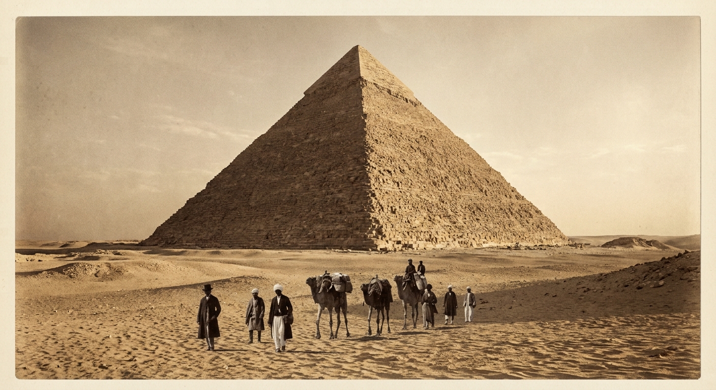 Victorian visitors with camels before a pyramid at Giza