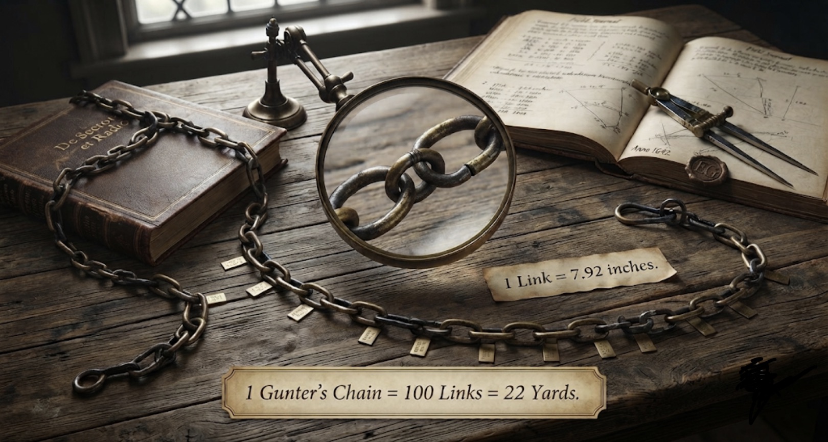 Gunter's chain, the 22-yard surveying tool of 100 iron links